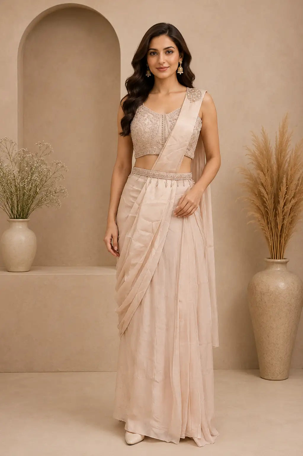 Ivory Beige Designer Draped Saree with Sequined Blouse